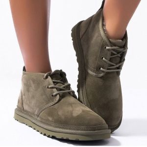 UGG women’s booties Neumel chestnut brown grey olive shearling lined warm comfy